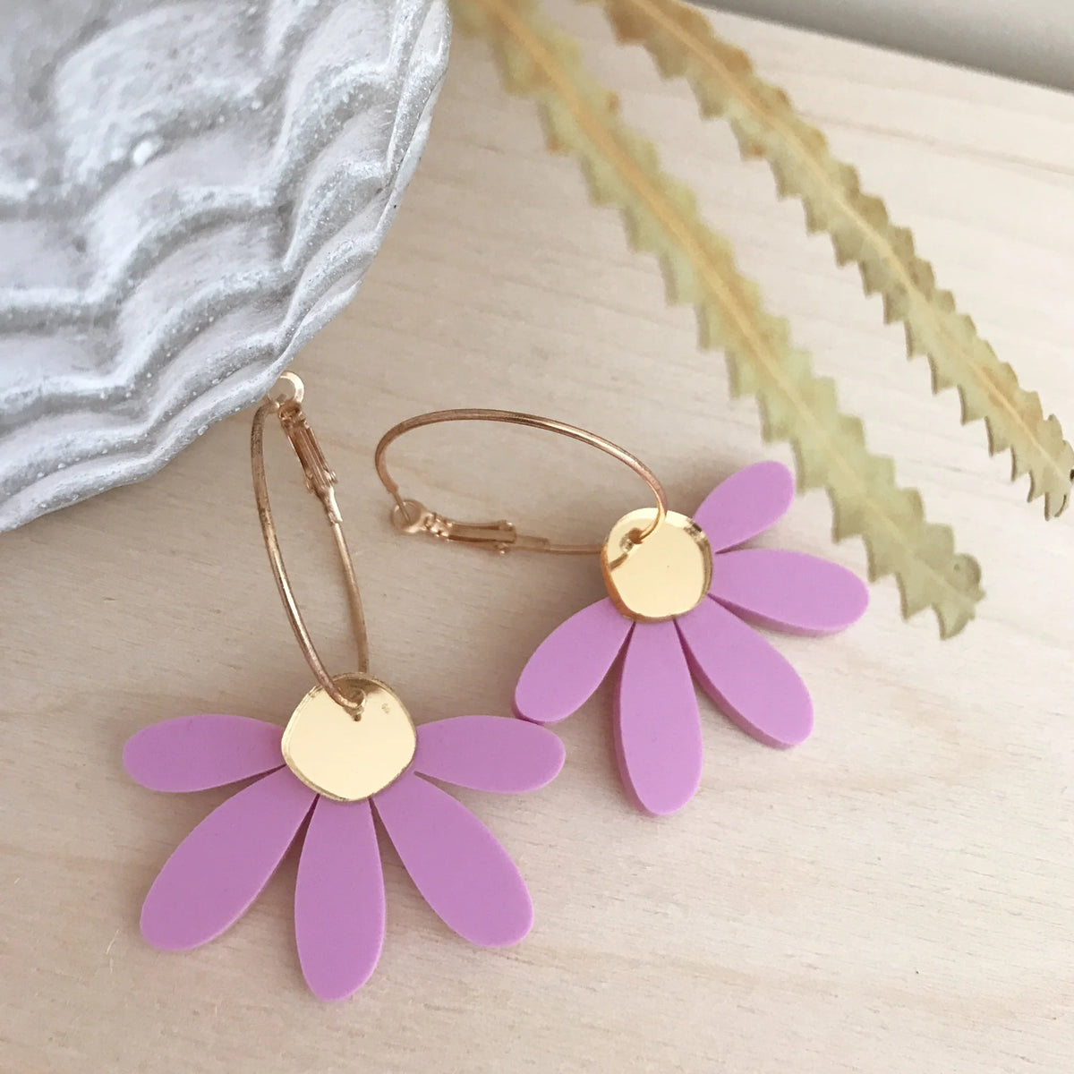 Jumbo Daisy Hoops Earrings | Lilac And Gold Mirror