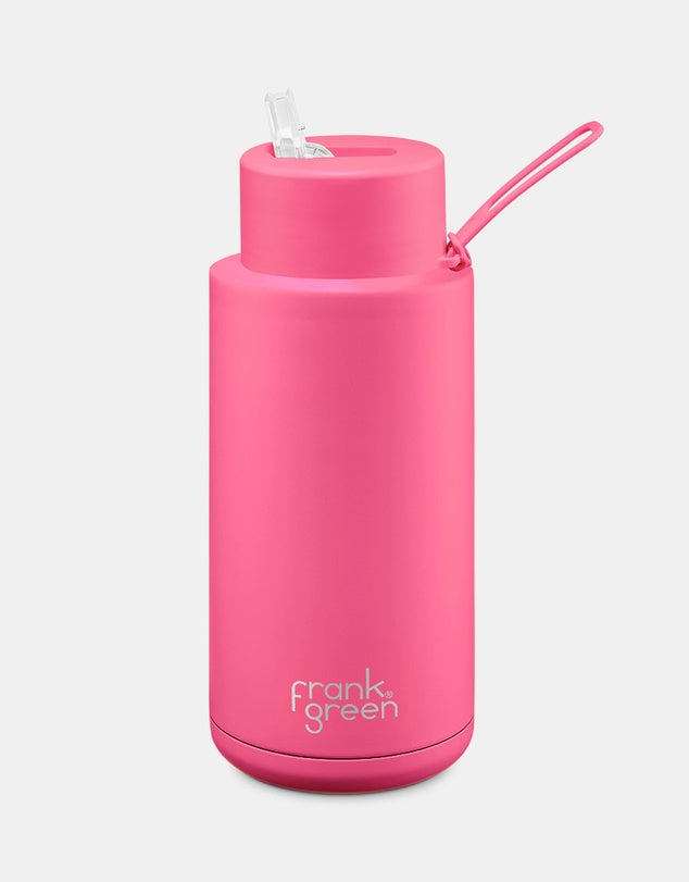 Frank Green Ceramic Drink Bottle With Straw Lid | 34 oz |  1000ml | Neon Pink